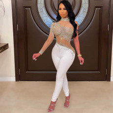 Sexy Hot Drilling Mesh See Through One Shoulder Jumpsuit SH-390212
