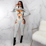 Sexy Solid Buckle Hollow Out Long Sleeve Jumpsuit MDF-5258
