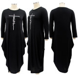 Plus Size Letter Print Long Sleeve Loose Maxi Dress HNIF-008