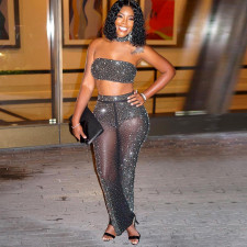 Shiny Hot Drilling Tube Top Straight Pants 2 Piece Sets (With Nacklace) SH-390229