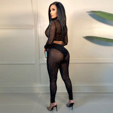 Sexy Hot Drilling Mesh Long Sleeve 2 Piece Pants Set SH-390228