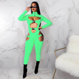 Sexy Solid Buckle Hollow Out Long Sleeve Jumpsuit MDF-5258