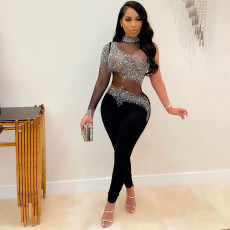 Sexy Hot Drilling Mesh See Through One Shoulder Jumpsuit SH-390212