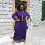 Plus Size Letter Print Long Sleeve Loose Maxi Dress HNIF-008