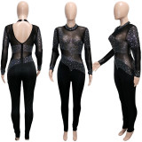 Sexy Hot Drilling Mesh See Through Long Sleeve Jumpsuit SH-390220