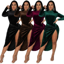 Velvet Long Sleeve Bodysuit+Knotted Midi Skirt 2 Piece Sets ASL-6526