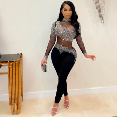 Sexy Hot Drilling Mesh See Through Long Sleeve Jumpsuit SH-390220