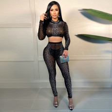 Sexy Hot Drilling Mesh Long Sleeve 2 Piece Pants Set SH-390228