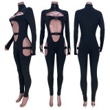 Sexy Solid Buckle Hollow Out Long Sleeve Jumpsuit MDF-5258