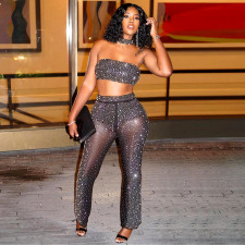 Shiny Hot Drilling Tube Top Straight Pants 2 Piece Sets (With Nacklace) SH-390229