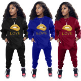 Lip Print Long Sleeve Fleece Two Piece Sets LSL-6478