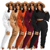 Solid Knitted Tassel Long Sleeve Sweater Pants Sets TR-1186