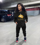 Lip Print Long Sleeve Fleece Two Piece Sets LSL-6478