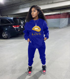 Lip Print Long Sleeve Fleece Two Piece Sets LSL-6478