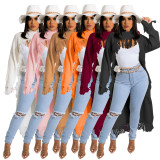 Solid Knitted Tassel Long Sleeve Irregular Sweater Top TR-1188
