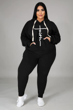 Plus Size Fleece Letter Print Hoodie Two Piece Pants Set WAF-77331