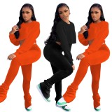 Solid Long Sleeve Crop Top Pile Pants 2 Piece Sets YD-8544