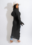 Solid Knitted Tassel Long Sleeve Irregular Sweater Top TR-1188