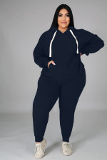 Plus Size Solid Fleece Hoodies Sports 2 Piece Pants Set WAF-77330