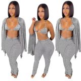 Solid Ribbed Knit Bra Top+Cloak Coat+Split Pants 3 Piece Sets MOF-6659