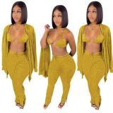Solid Ribbed Knit Bra Top+Cloak Coat+Split Pants 3 Piece Sets MOF-6659