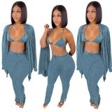 Solid Ribbed Knit Bra Top+Cloak Coat+Split Pants 3 Piece Sets MOF-6659