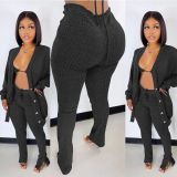 Solid Ribbed Knit Bra Top+Cloak Coat+Split Pants 3 Piece Sets MOF-6659