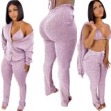 Solid Ribbed Knit Bra Top+Cloak Coat+Split Pants 3 Piece Sets MOF-6659