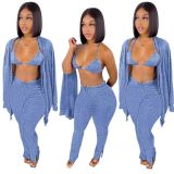 Solid Ribbed Knit Bra Top+Cloak Coat+Split Pants 3 Piece Sets MOF-6659