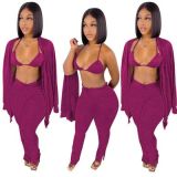 Solid Ribbed Knit Bra Top+Cloak Coat+Split Pants 3 Piece Sets MOF-6659