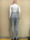 Letter Long Sleeve Top+Houndstooth Strap Jumpsuit 2 Piece Sets ORY-5210