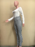 Letter Long Sleeve Top+Houndstooth Strap Jumpsuit 2 Piece Sets ORY-5210