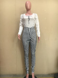 Letter Long Sleeve Top+Houndstooth Strap Jumpsuit 2 Piece Sets ORY-5210