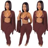 Solid Ribbed Knit Bra Top+Cloak Coat+Split Pants 3 Piece Sets MOF-6659