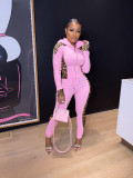 Leopard Patchwork Zipper Hoodie Two Piece Sets OMY-80069