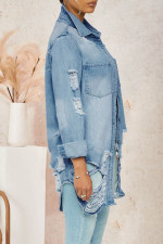 Plus Size Denim Ripped Hole Long Sleeve Shirt LX-3519