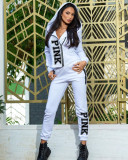 Pink Letter Print Zipper Long Sleeve Two Piece Sets HM-6536