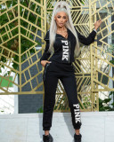 Pink Letter Print Zipper Long Sleeve Two Piece Sets HM-6536