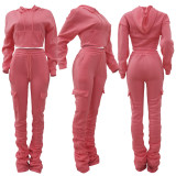 Solid Fleece Hoodie Top Pile Pants Casual Two Piece Sets AL-269