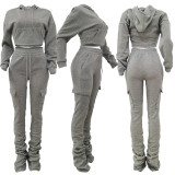 Solid Fleece Hoodie Top Pile Pants Casual Two Piece Sets AL-269