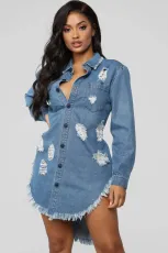 Plus Size Denim Ripped Hole Irregular Shirt Dress LX-3617