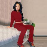 Solid Fleece Hoodie Top Pile Pants Casual Two Piece Sets AL-269