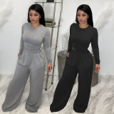 Solid Long Sleeve Top Loose Pants Two Piece Sets BDF-8107