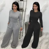 Solid Long Sleeve Top Loose Pants Two Piece Sets BDF-8107