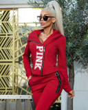 Pink Letter Print Zipper Long Sleeve Two Piece Sets HM-6536