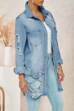 Plus Size Denim Ripped Hole Long Sleeve Shirt LX-3519