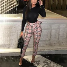Casual Plaid Mid-Waist Pants With Belt OLYF-96082