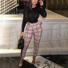 Casual Plaid Mid-Waist Pants With Belt OLYF-96082