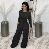 Solid Long Sleeve Top Loose Pants Two Piece Sets BDF-8107