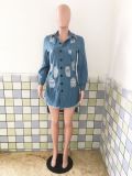 Plus Size Denim Ripped Hole Irregular Shirt Dress LX-3617